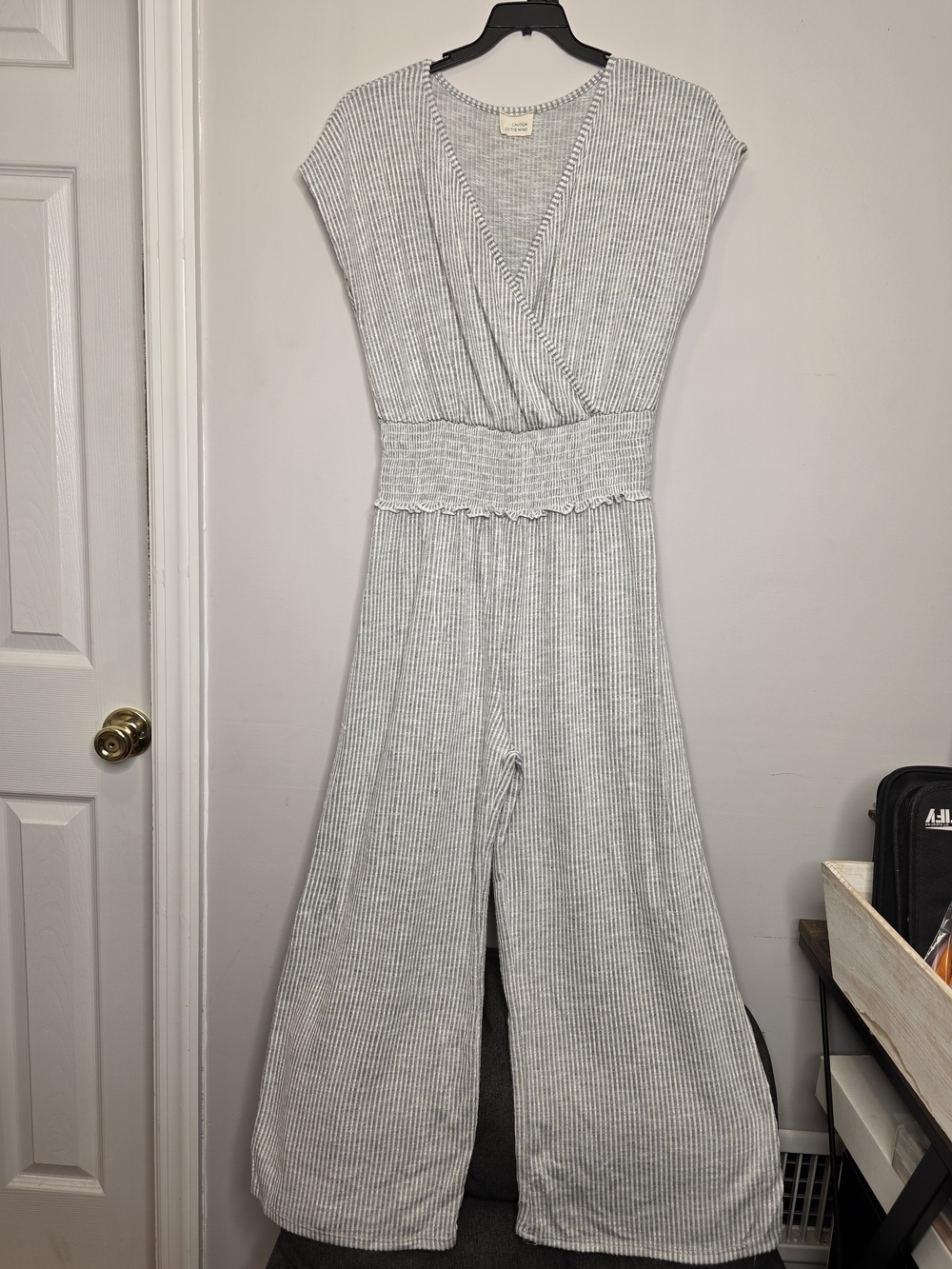 Womans Smocked Waist Striped Wide-Leg Jumpsuit - Light Gray,Medium Size
